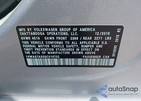 2016 Volkswagen Passat 1.8T S из США, поврежденный, VIN 1VWAS7A32GC018702